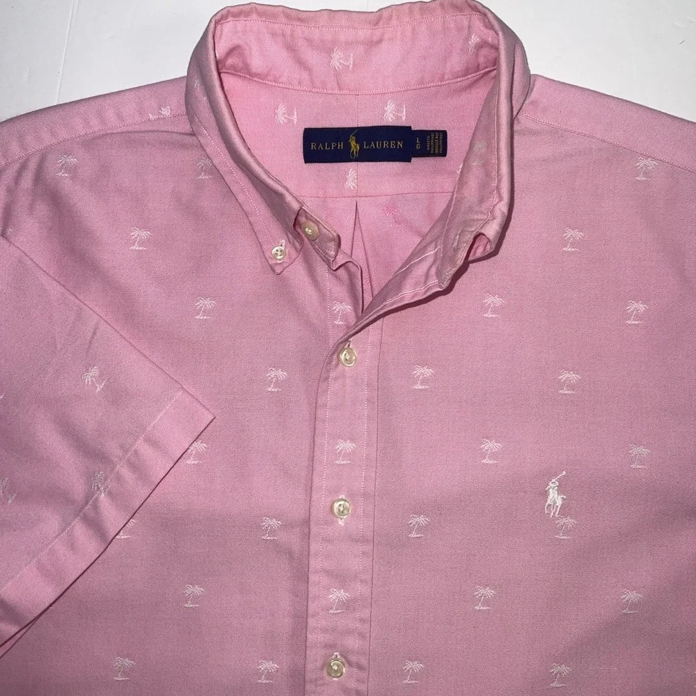 Polo Ralph Lauren Shirt Mens Large Pink Button Down Aloha Palm Tree Embroidered